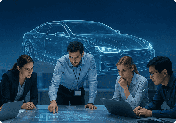 Equipo de especialistas trabajando con datos técnicos en una oficina.