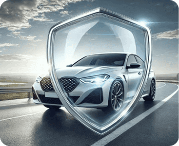 Automóvil moderno con representación visual de tecnología y seguridad digital.